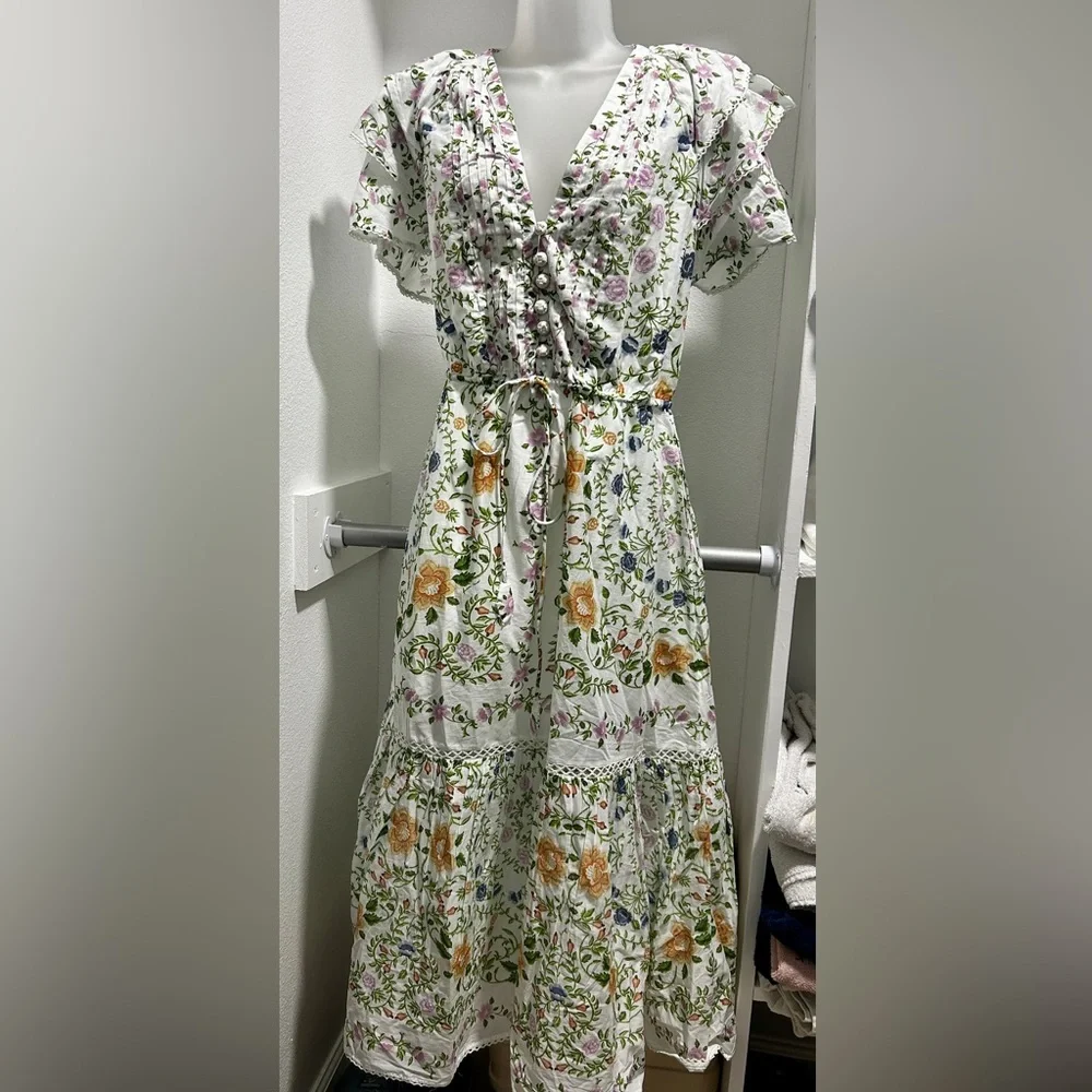Farm Rio Off-White Folk Floral Lace Midi Dress. L. NWT. - Picture 7 of 14